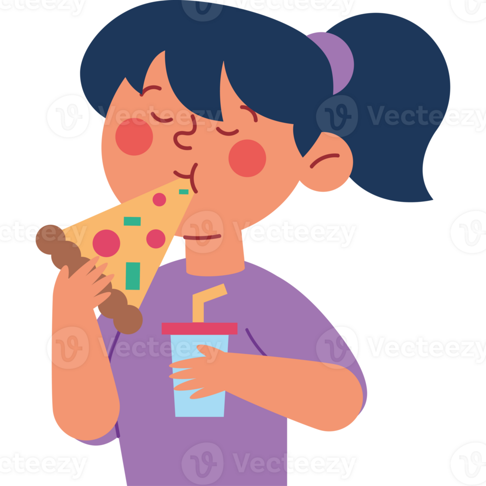 A girl eating pizza and drinking a drink png