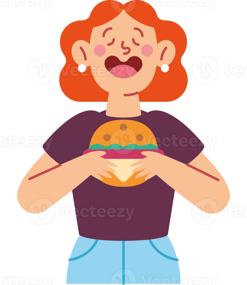 A woman holding a hamburger in her hands png