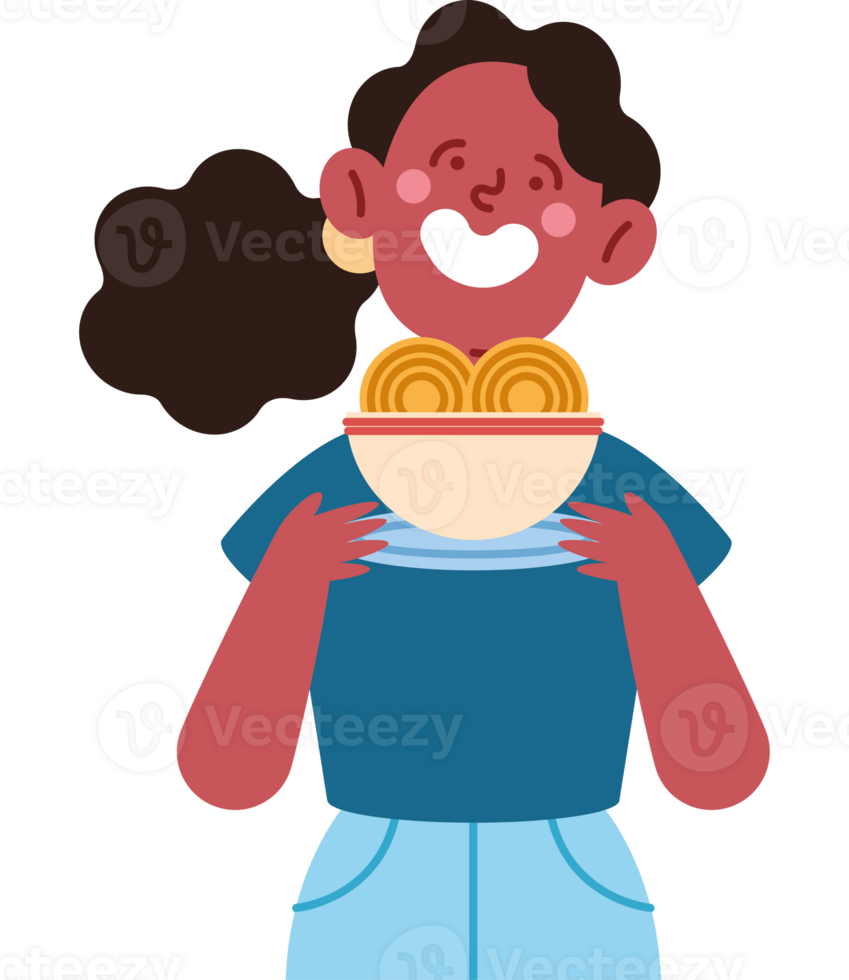 A woman holding a bowl of noodles png