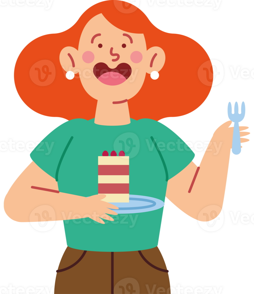 A woman holding a cake and fork png