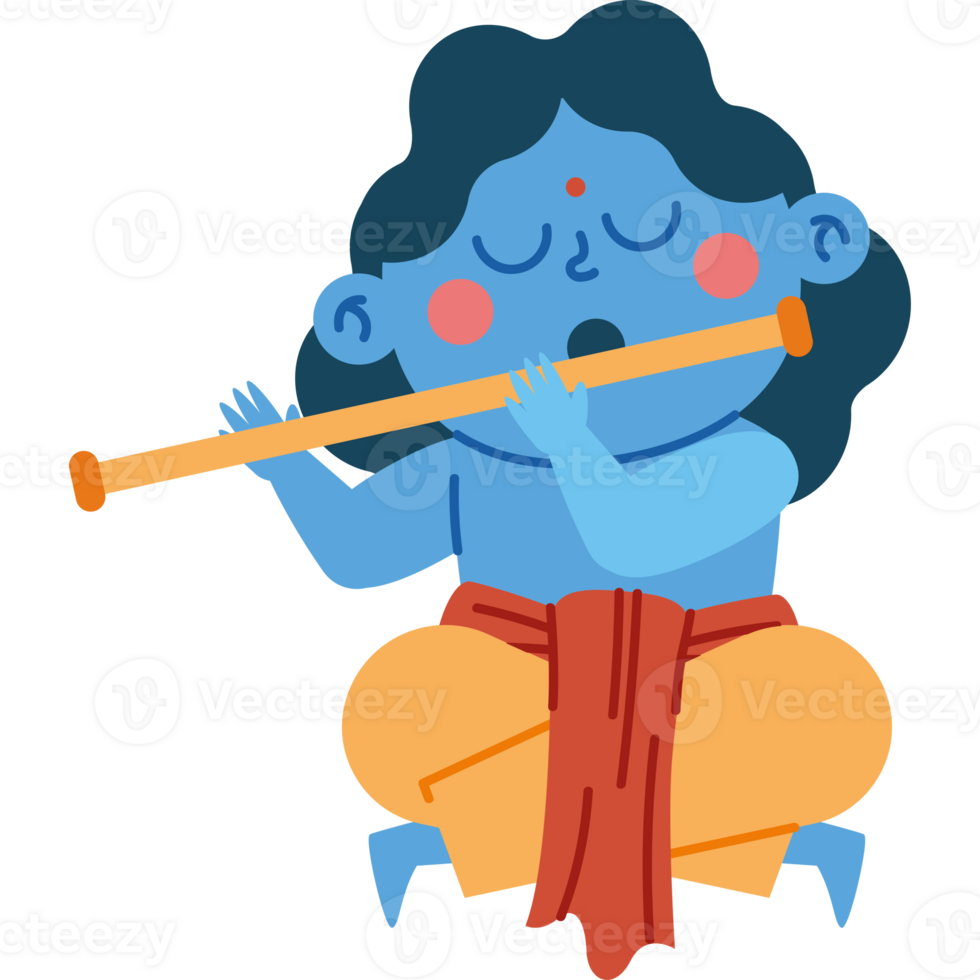 A cartoon blue krishna playing the flute png