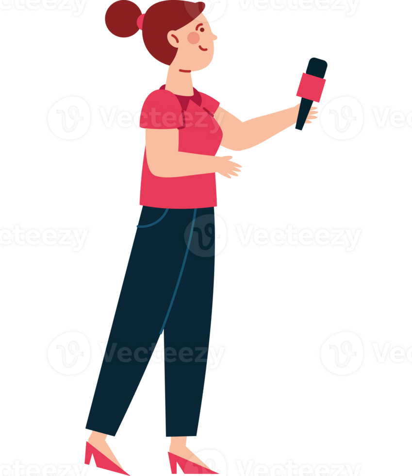 A woman holding a microphone and talking to someone png