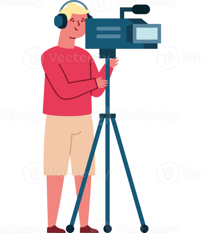 A man with headphones and a camera on a tripod png