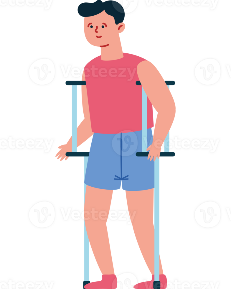 A man with crutches and a leg brace png