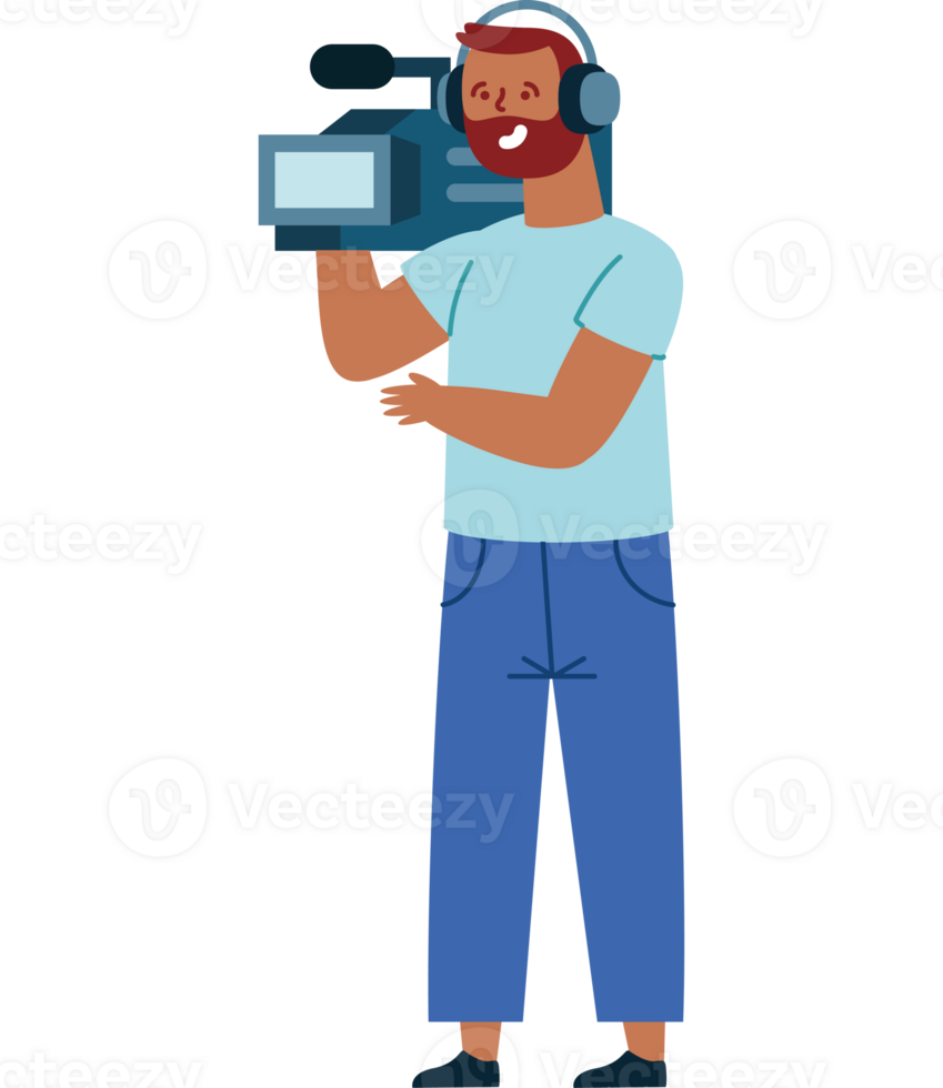A man with headphones and a camera is holding it up png