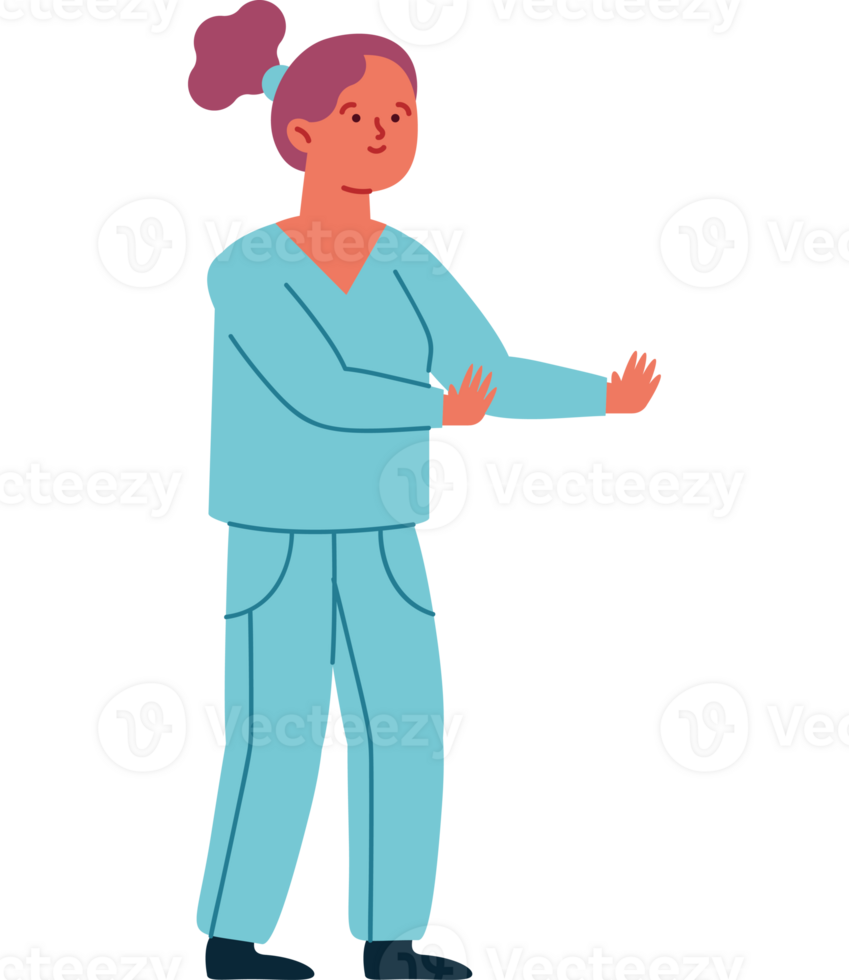 A woman in blue scrubs is standing with her hands out png