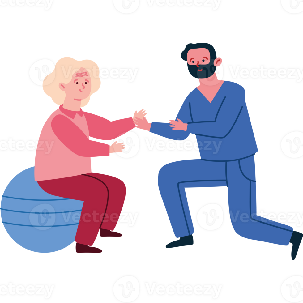 An elderly woman is sitting on a ball and shaking hands with a man png