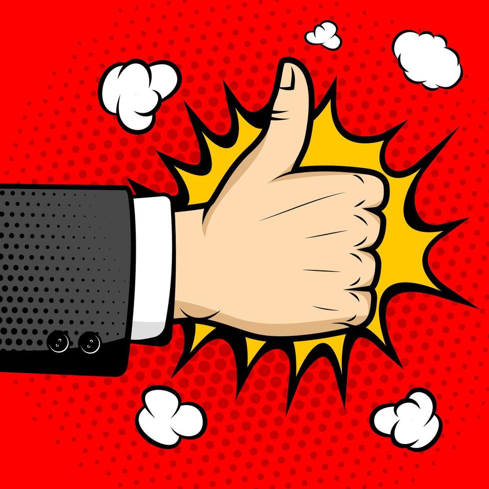 Human hand with like sign. Seal of approval. Pop art style illustration. Design element in . vector