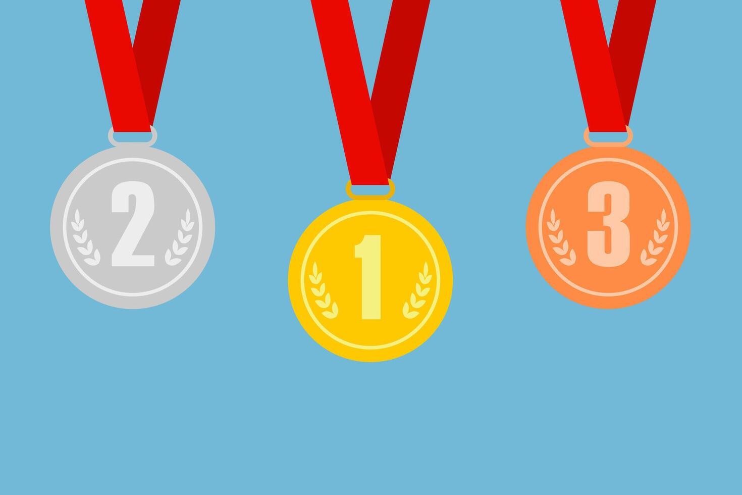 Set of gold, bronze and silver medals on red ribbons. Winner. Medal icons. Set of design elements in . vector
