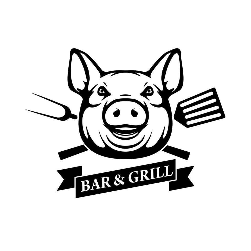 Bar and grill. Pig head with kitchen tools. Design element for restaurant menu, poster. BBQ invitation card. illustration. vector