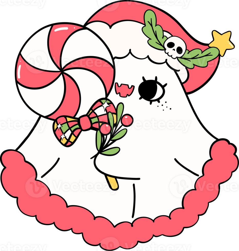Festive Retro Groovy Christmas Ghost with lollipop Cute Hand Drawn Cartoon Doodle Character for playful and cheerful holiday projects. png