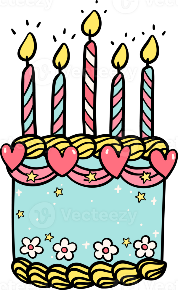 Groovy Retro Vintage Cake with candles festive vibrant color doodle hand drawn png