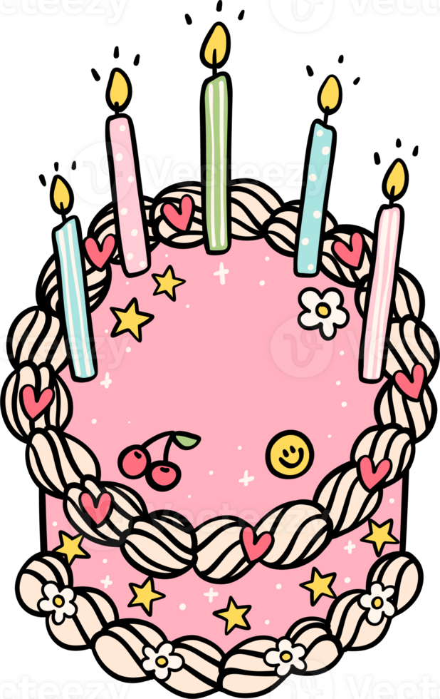 Groovy Retro Vintage Cake with candles festive vibrant color doodle hand drawn png
