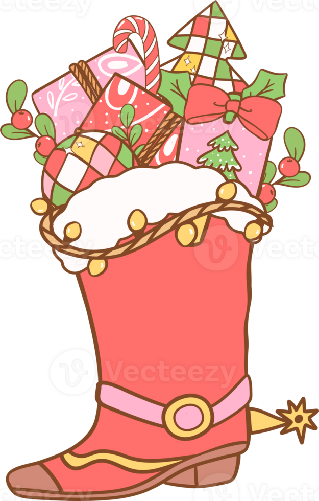 retro Christmas cowboy red boot with gifts png