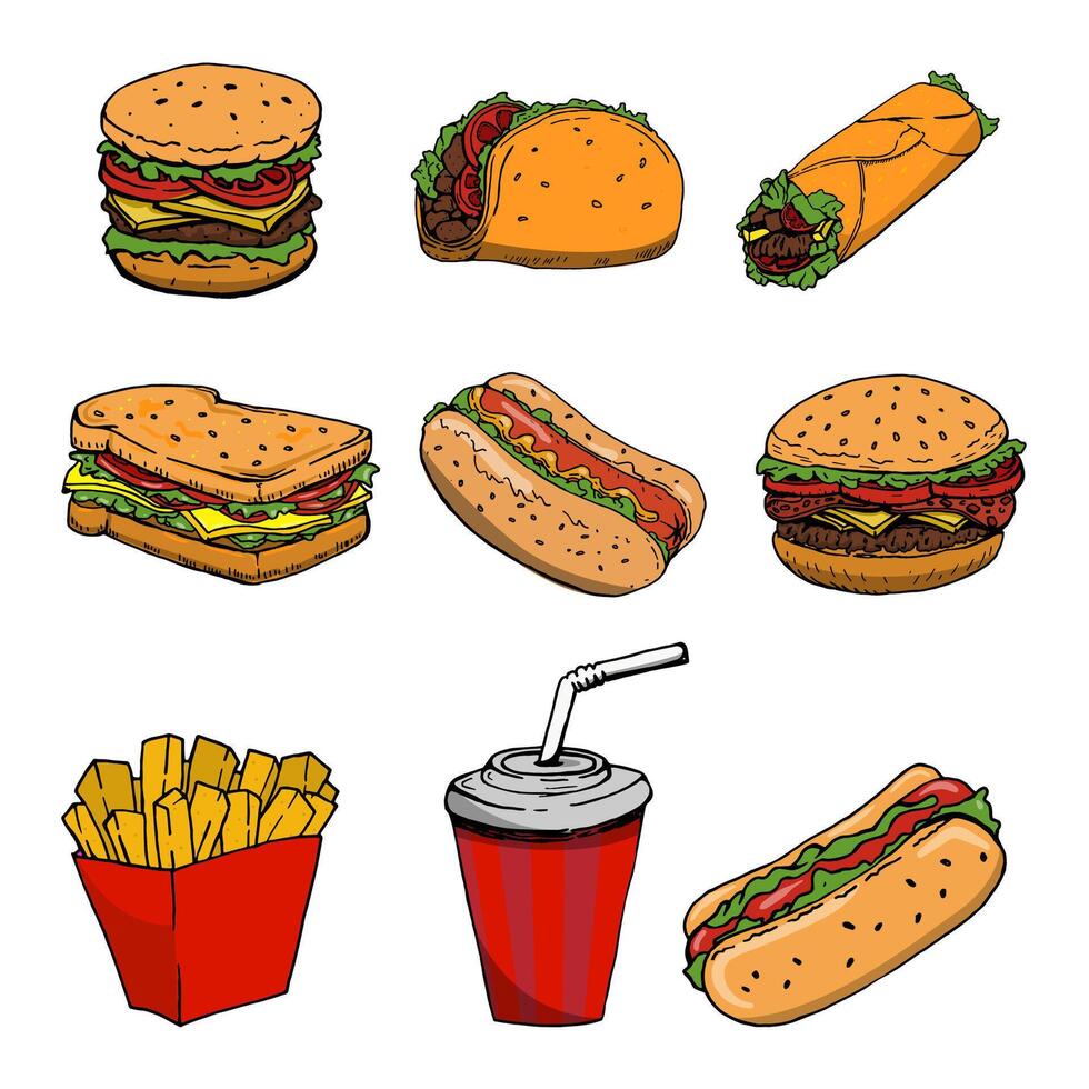 Hot dog, burger, taco, sandwich, burrito .Set of fast food icons isolated on white background. Design elements for logo, label, emblem, sign, brand mark. vector