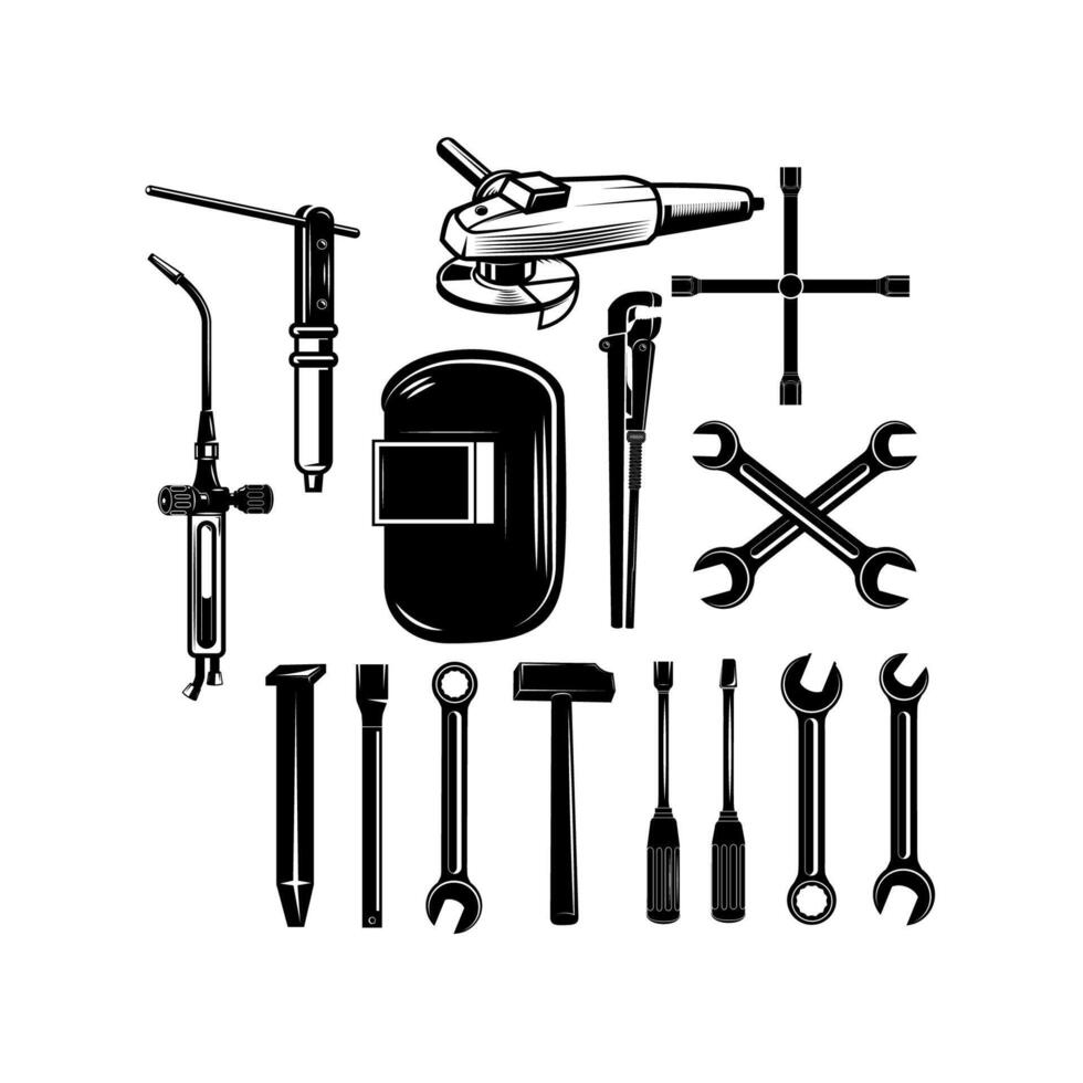 Set silhouettes of tools. Open-end wrench, adjustable wrench, spanner, hammer vector