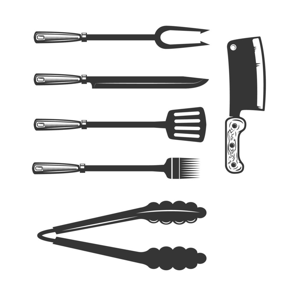 Set of bbq and grill tools isolated on white background. Design elements for menu, poster, emblem, sign. monochrome illustration vector