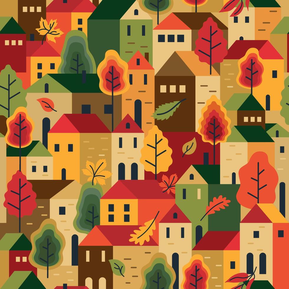 Trees and houses seamless pattern. Autumn, fall city landscape. wrapping paper, wallpaper, textile, fabric etc. vector