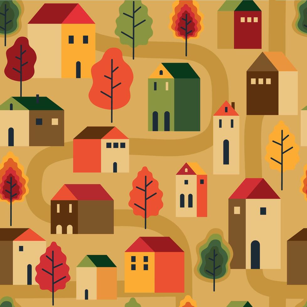 Trees and houses seamless pattern. Autumn, fall city landscape. wrapping paper, wallpaper, textile, fabric etc. vector