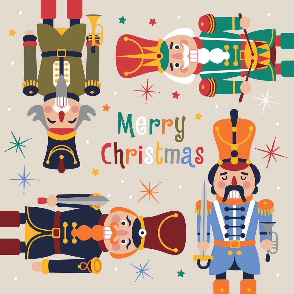 Christmas illustration card with Nutcrackers portrait on background New year illustration. vector