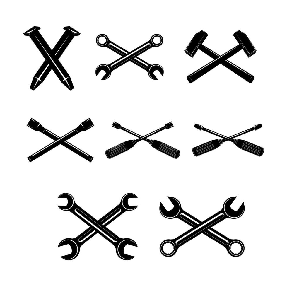 Set silhouettes of tools. Open-end wrench, adjustable wrench, spanner, hammer vector