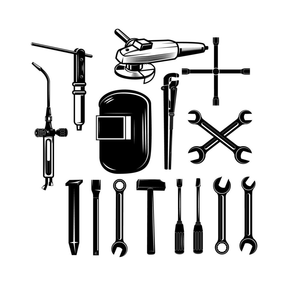 Set silhouettes of tools. Open-end wrench, adjustable wrench, spanner, hammer vector