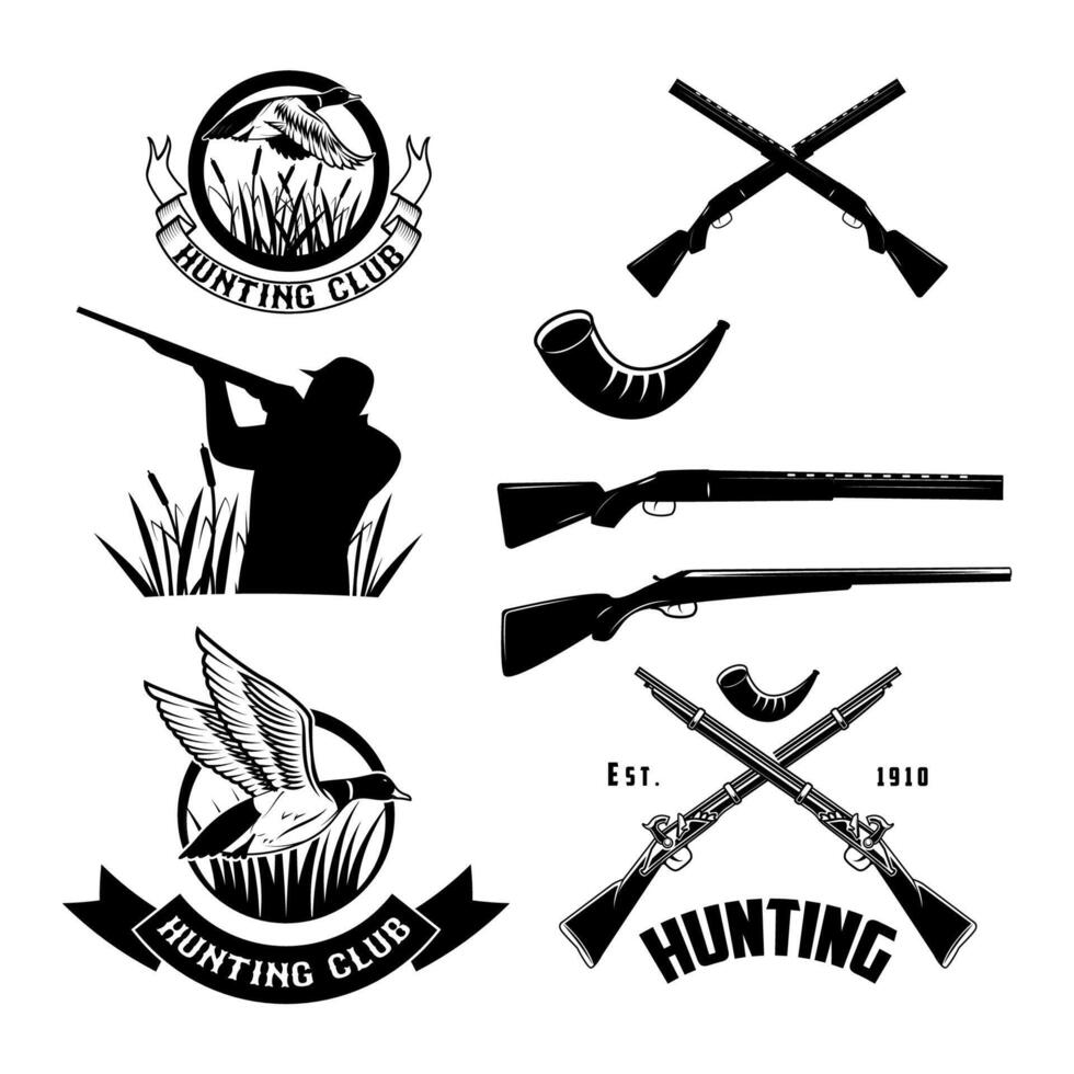 set of labels with duck, dip, gun, hunter for hunting emblems vector