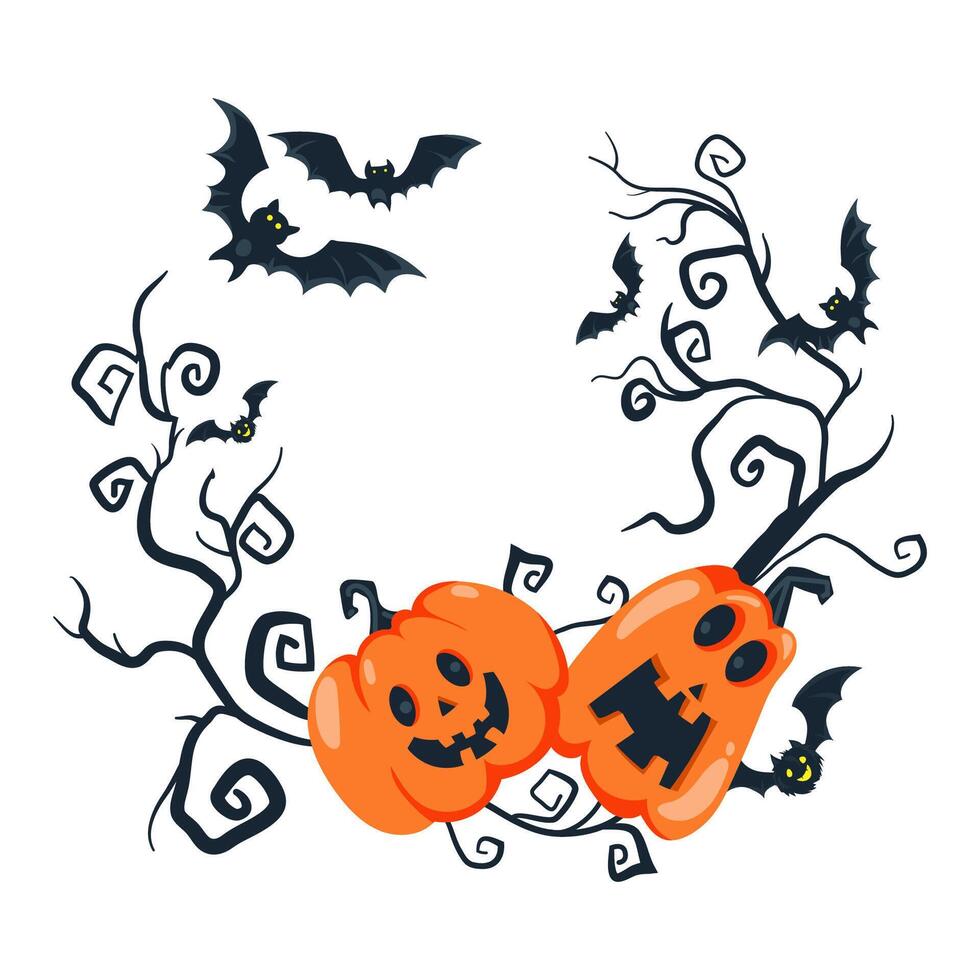 Halloween holiday frame banner design with creepy pumpkins, bat, and scary prickly tree branches illustration isolated on white background.Scary holiday borders with creepy pumpkin faces design vector