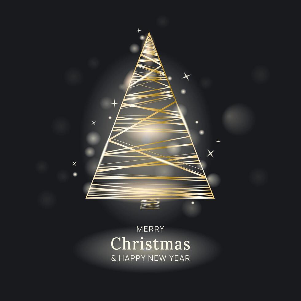 Luxury Abstract golden glowing Christmas tree symbol of Christmas and New Year. Xmas decoration designAbstract neon sparkling golden rheometric Christmas tree shape on black background. vector