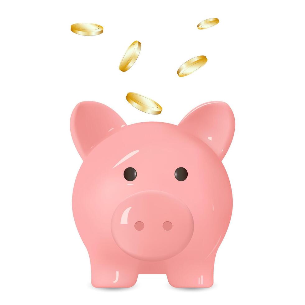 Piggy bank with coins flying in it. Concepts of accumulation, saving, and making money. Pink glass pig vector