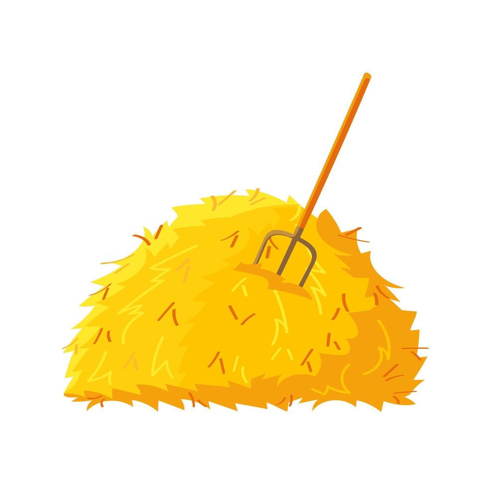 Haystack. Heap of yellow straw with pitchfork. Dry grass bale. Element of agriculture and farming. vector