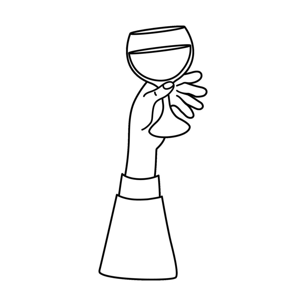 Outline stroke hand with drink in glass. Line drawing, coloring book. illustration. vector