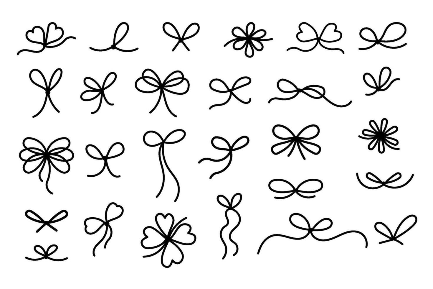 Simple line tied ribbon bows collection. Isolated decoration hand drawings doodles bowknot. vector