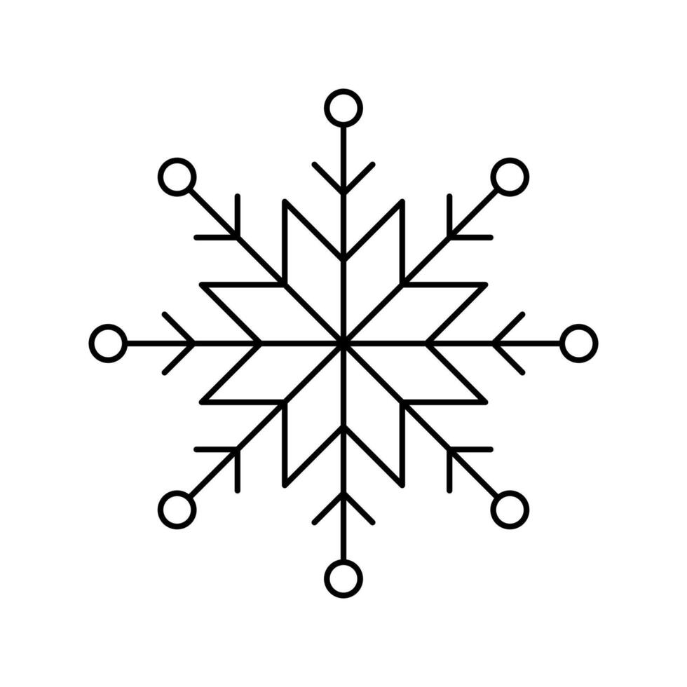 Snowflake for snow design and pattern. Black line Christmas element isolated on white background. Freeze symbol. Snow flake icon. Ice crystal graphic. Clipart for winter prints. Simple shape vector
