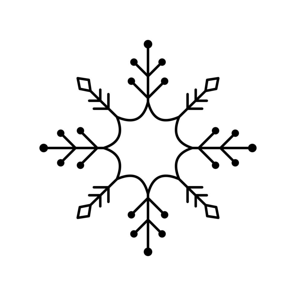 Snowflake for snow design and pattern. Black line Christmas element isolated on white background. Freeze symbol. Snow flake icon. Ice crystal graphic. Simple shape. illustration vector