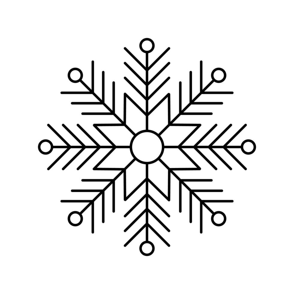 Snowflake for snow design and pattern. Black line Christmas element isolated on white background. Freeze symbol. Snow flake icon. Ice crystal graphic. Simple shape. illustration vector