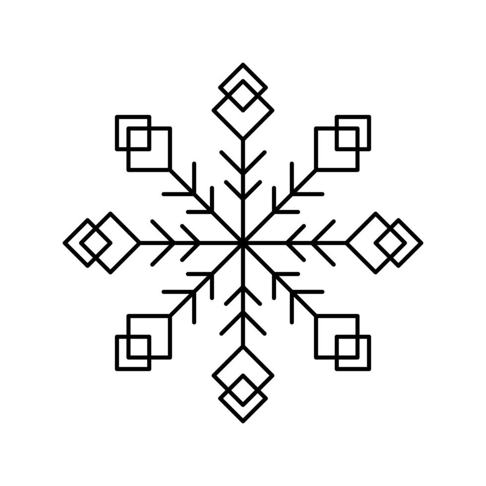 Snowflake for snow design and pattern. Black line Christmas element isolated on white background. Freeze symbol. Snow flake icon. Ice crystal graphic. Clipart for winter prints. Simple shape vector