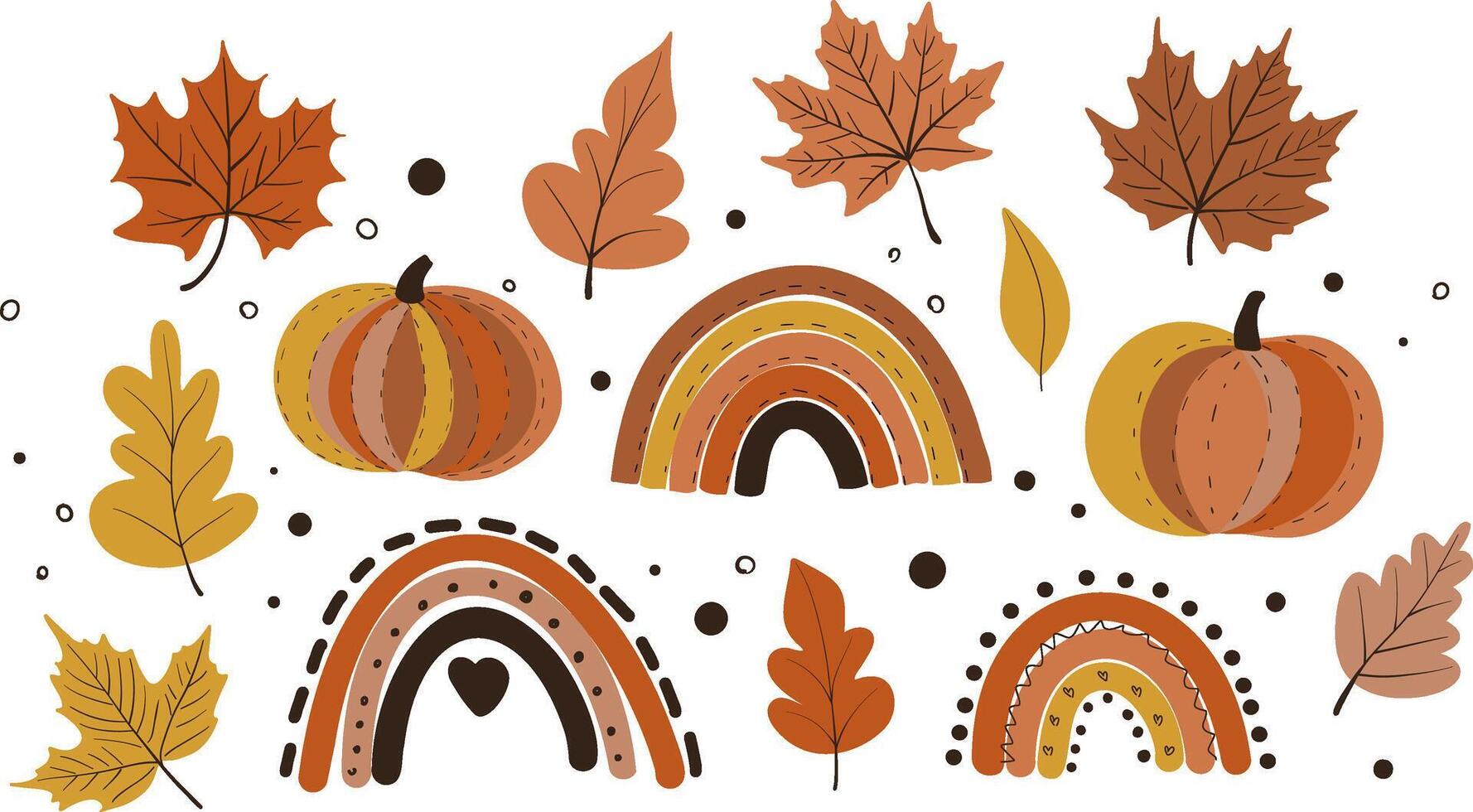 Set of fall elements. Pumpkin of different shapes, leaf, rainbow, hand drawn in doodle style. Calm brown and orange colors. vector