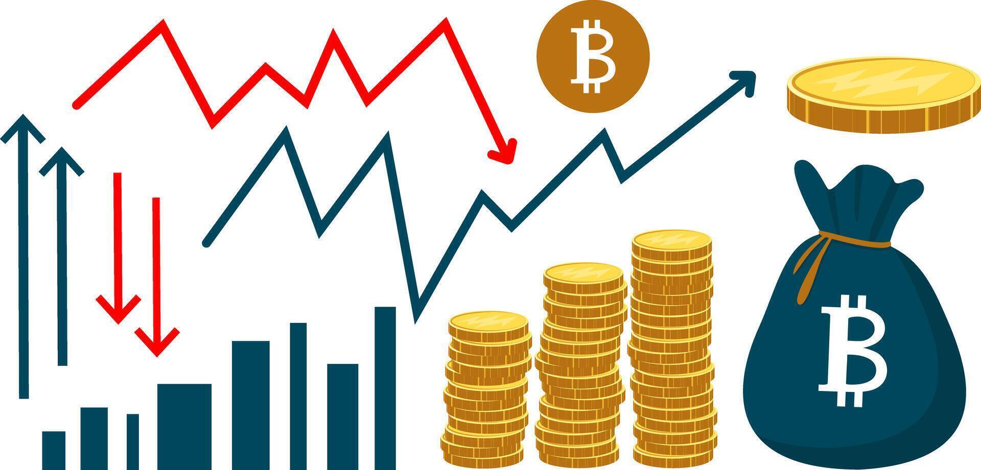 Set of icons profit growth, loss, coins, arrow graphic. Concept of business success, economic or market growth, investment income, capital gains, benefits. Simple flat style vector