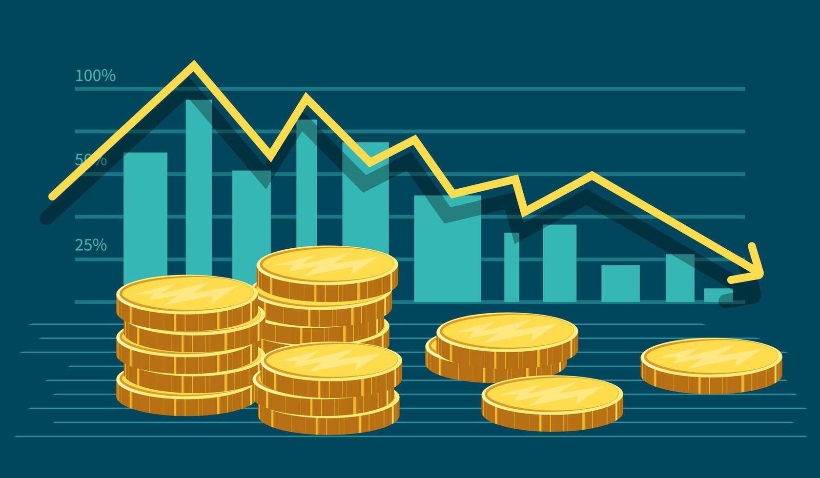 Loss with stages coin drop and downward arrow chart. Concept of business failure, economic crisis, risky investments, wrong investments, rising costs. Simple flat style. Infographic. vector