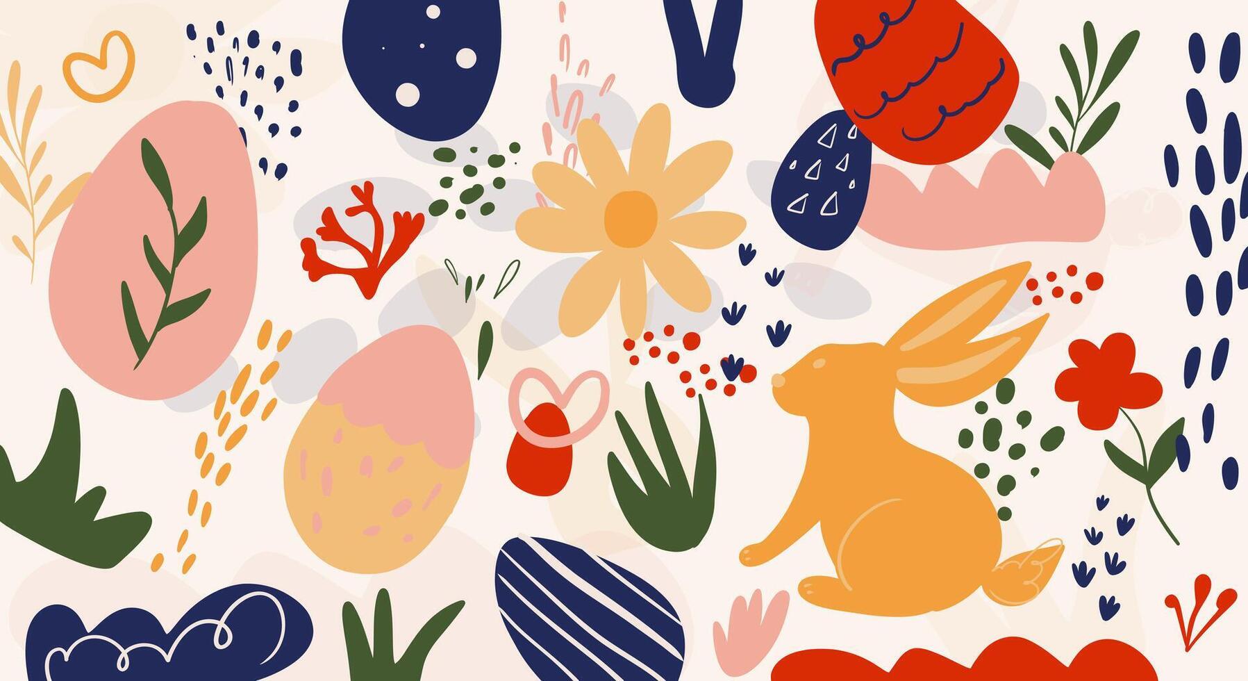 Banner of abstract elements for Easter hand drawn in doodle style, bunny, eggs, flowers, branch, footprints, spots. Simple flat style vector