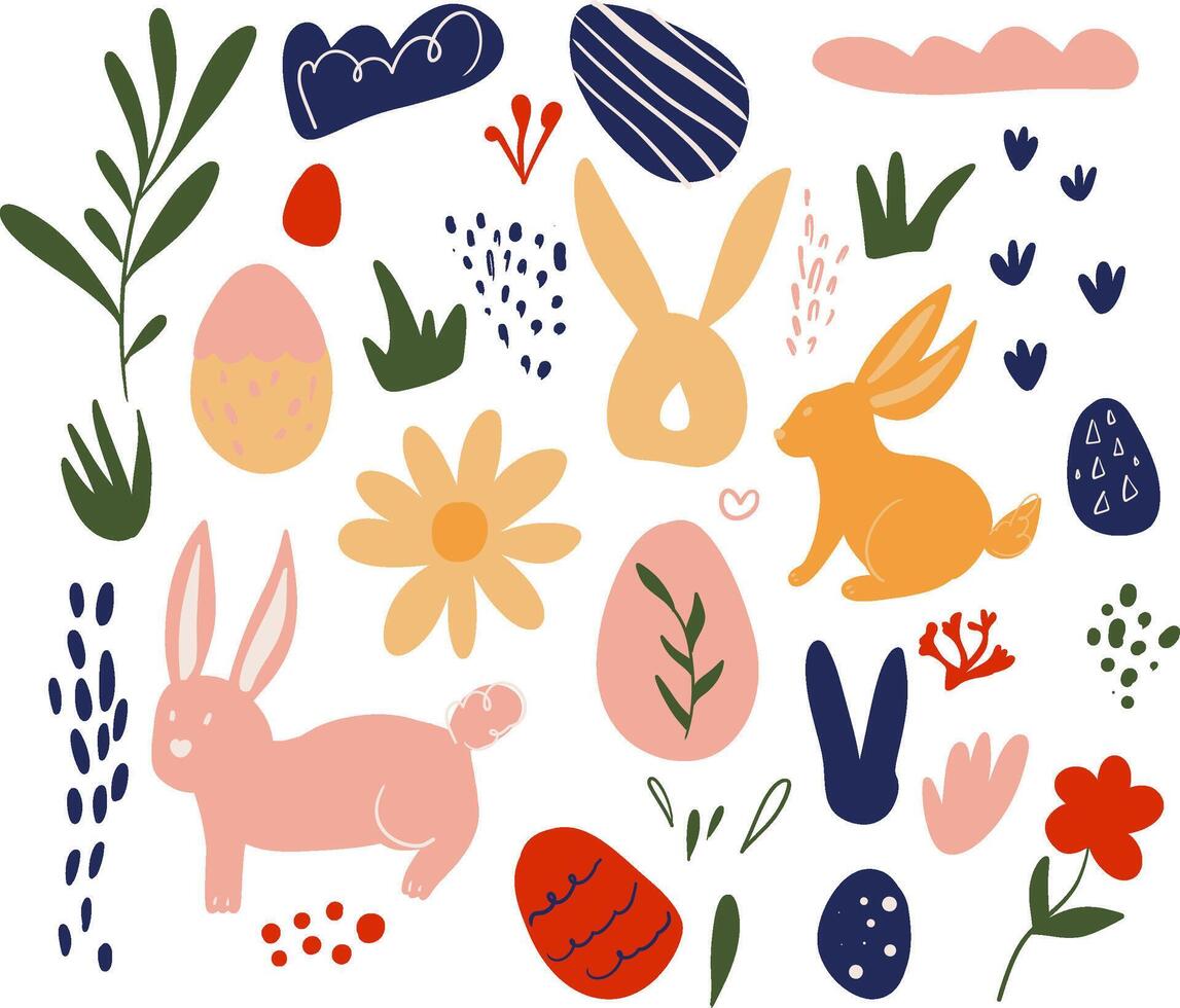 Set of abstract elements for Easter hand drawn in doodle style, bunny, eggs, flowers, branch, footprints, spots in simple flat tabletop vector