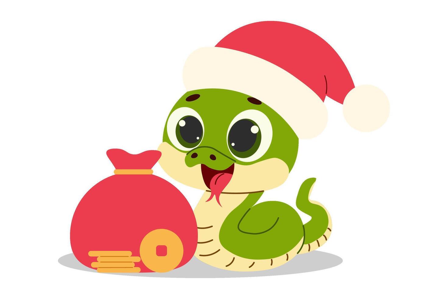 2025 Chinese New Year. A cute snake in a red hat and a red bag of coins. illustration vector