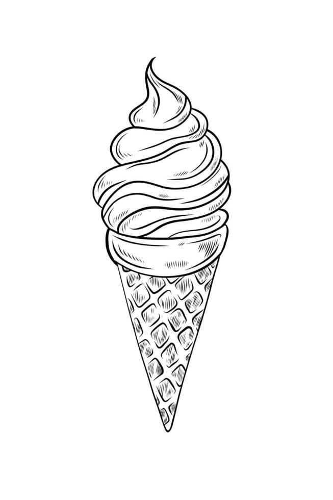 ice cream linear black and white drawing. Illustration of ice cream in a cone in doodle style. Hand drawn graphic, EPS 10 vector