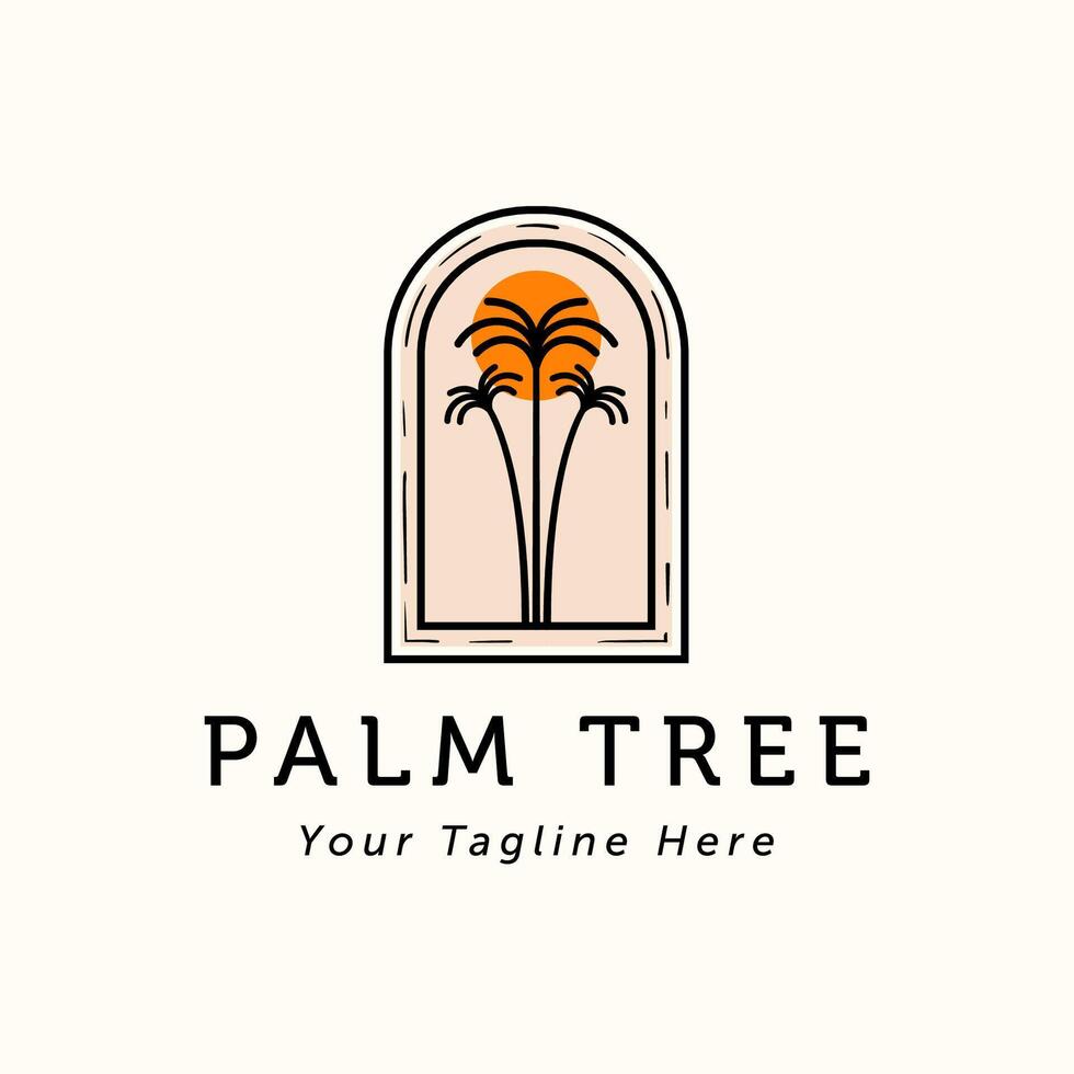 Palm or Coconut Line Art Logo Illustration Design. Vintage Line Art Palm Tree Template Design. Sunset In The Island Logo Concept. vector