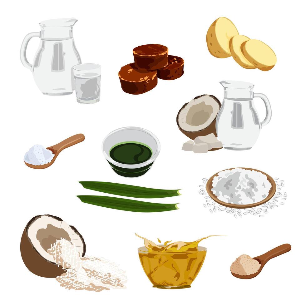 The ingredients for making the cake consist of coconut milk, brown sugar, potatoes, pandan water, granulated sugar, wheat flour, grated coconut, flavoring, cooking oil and water. vector