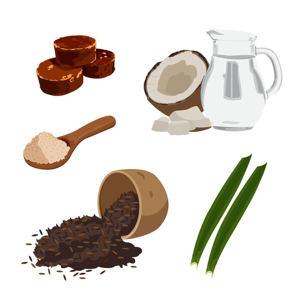 Separate and editable illustrations of pandan leaves, brown sugar, glutinous rice in a bowl, granulated sugar and coconut milk in a teapot. vector