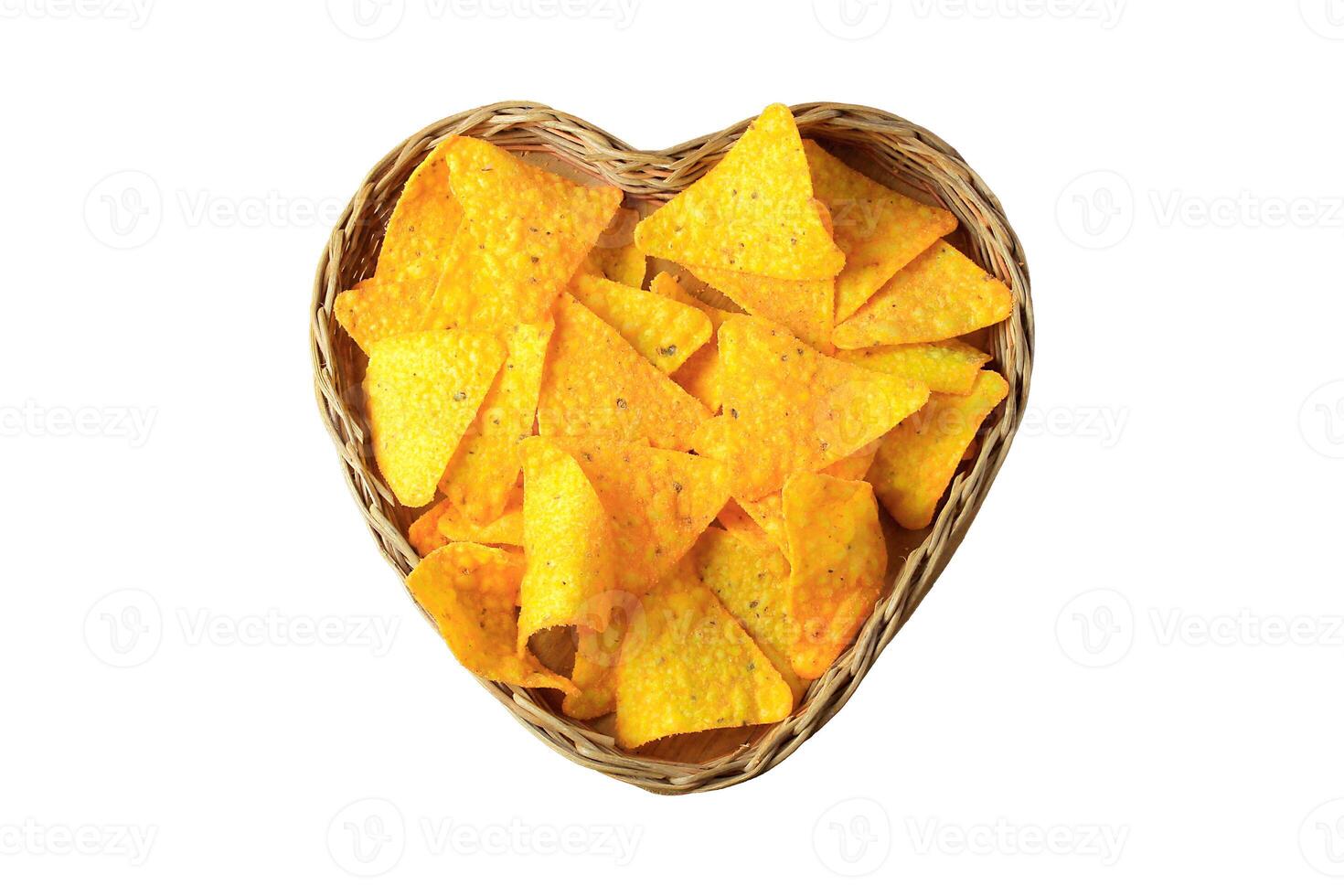 Crispy corn tortilla nachos chips placed in basket isolated on white background photo