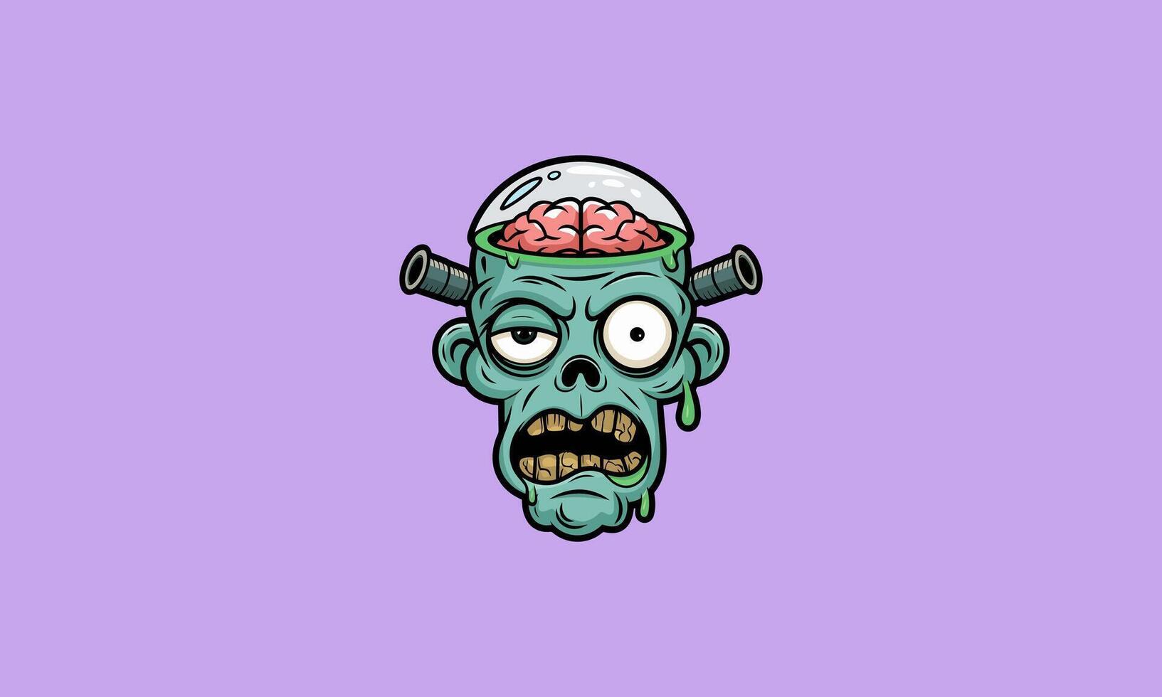 Cartoon zombie head with exposed brain and drooling face vector