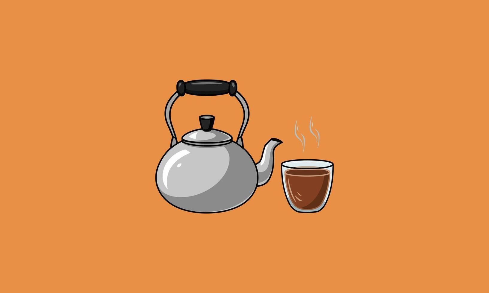 Simple kettle and a steaming cup of tea on orange background. vector